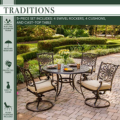 Hanover 5-Piece Four Traditions Swivel Rocker Chairs with Tan Cushions and 48" Round Cast Table, Patio Dining Set for 4, Premium Weather Resistant Outdoor Furniture