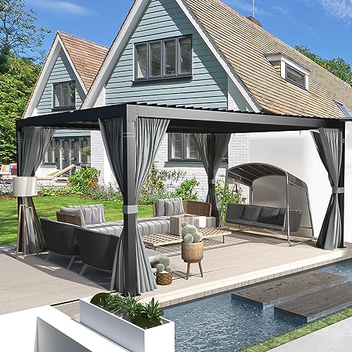 EROMMY 10' x 12' Louvered Pergola, Outdoor Patio Hardtop Gazebo, Sun Shade Shelter, Adjustable Metal Roof Hardtop Gazebo for Deck Patio Garden Yard, Curtains and Netting Included, Gray-Black