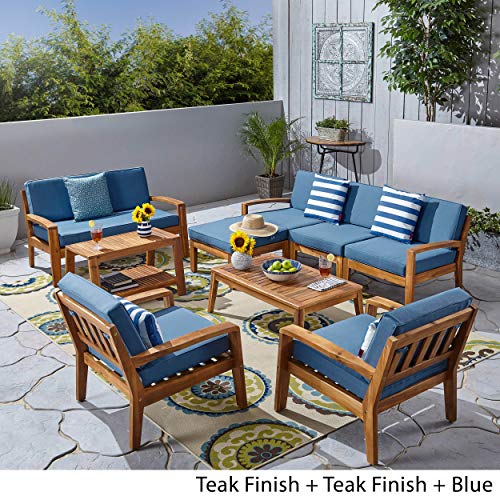 Great Deal Furniture Sally 7-Seater Sectional Sofa Set for Patio with Loveseat, Club Chairs, Ottoman, and Coffee Tables, Acacia Wood, Teak Finish with Blue Outdoor Cushions