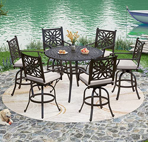 PHI VILLA Cast Aluminum High Bar Dining Set for 6 Person, 7 Piece Outdoor Patio Set with 54" Dia Cast-Top Aluminum Table(2.1" Umbrella Hole) and 6 Outdoor Swivel Bar Stool Chairs with Seat Cushions