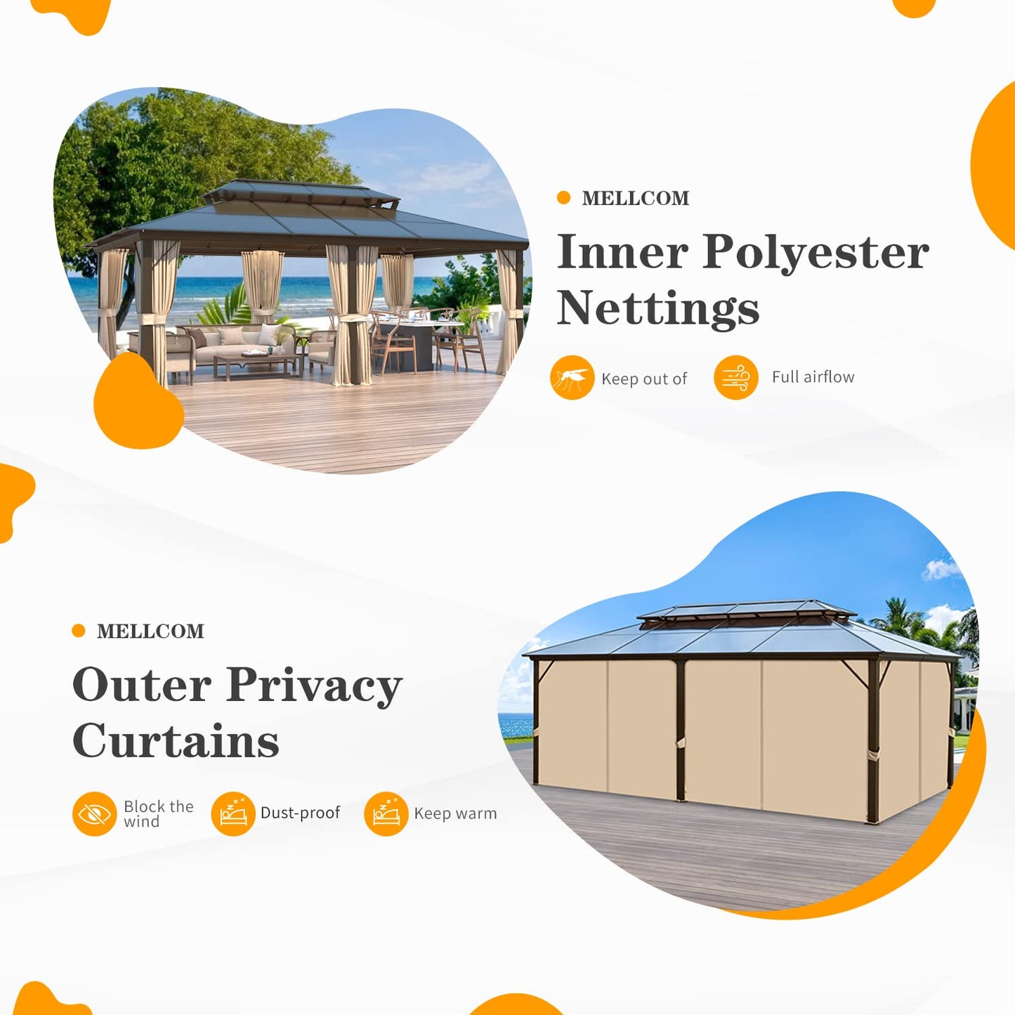 MELLCOM 12 x 20ft Hardtop Gazebo, Polycarbonate Double Roof Aluminum Gazebo, Outdoor Waterproof Canopy Gazebo with Netting and Curtains for Backyard, Deck, Patio
