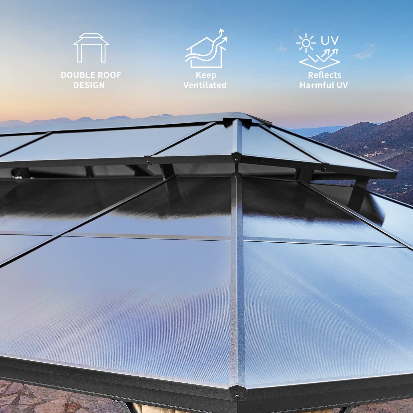 MELLCOM 12 x 20ft Hardtop Gazebo, Polycarbonate Double Roof Aluminum Gazebo, Outdoor Waterproof Canopy Gazebo with Netting and Curtains for Backyard, Deck, Patio
